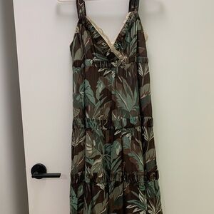 Michael Kors Green and Brown Leaf Midi Dress, size S, 100% silk